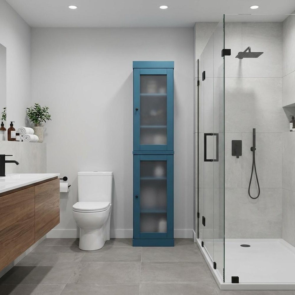 17" Teal Blue Solid Wood Glass Panel Inlay Double Door Linen Cabinet — view 5