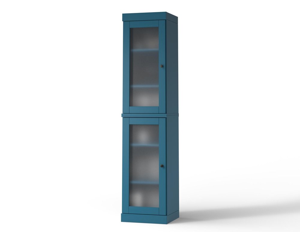 17" Teal Blue Solid Wood Glass Panel Inlay Double Door Linen Cabinet HomeRoots