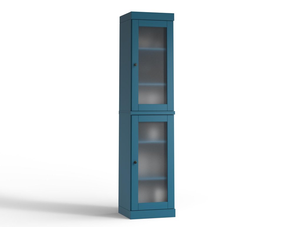 17" Teal Blue Solid Wood Glass Panel Inlay Double Door Linen Cabinet — view 1
