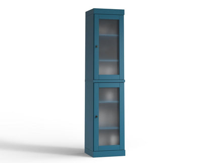 17" Teal Blue Solid Wood Glass Panel Inlay Double Door Linen Cabinet HomeRoots