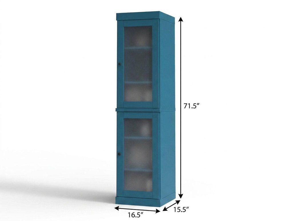 17" Teal Blue Solid Wood Glass Panel Inlay Double Door Linen Cabinet — view 2