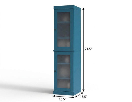 17" Teal Blue Solid Wood Glass Panel Inlay Double Door Linen Cabinet