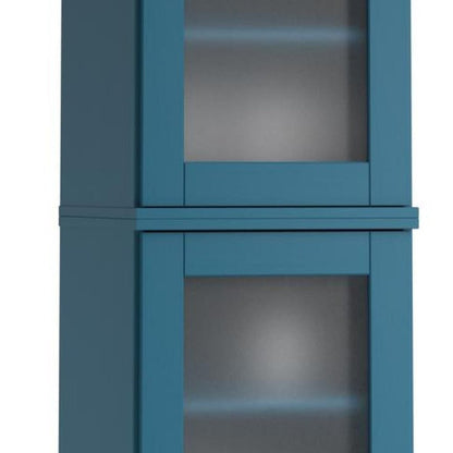 17" Teal Blue Solid Wood Glass Panel Inlay Double Door Linen Cabinet HomeRoots