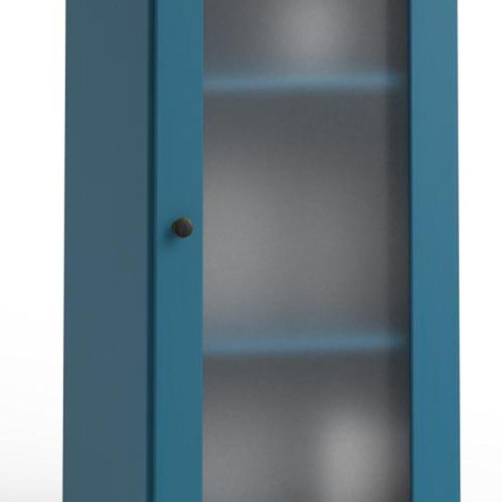 17" Teal Blue Solid Wood Glass Panel Inlay Double Door Linen Cabinet HomeRoots
