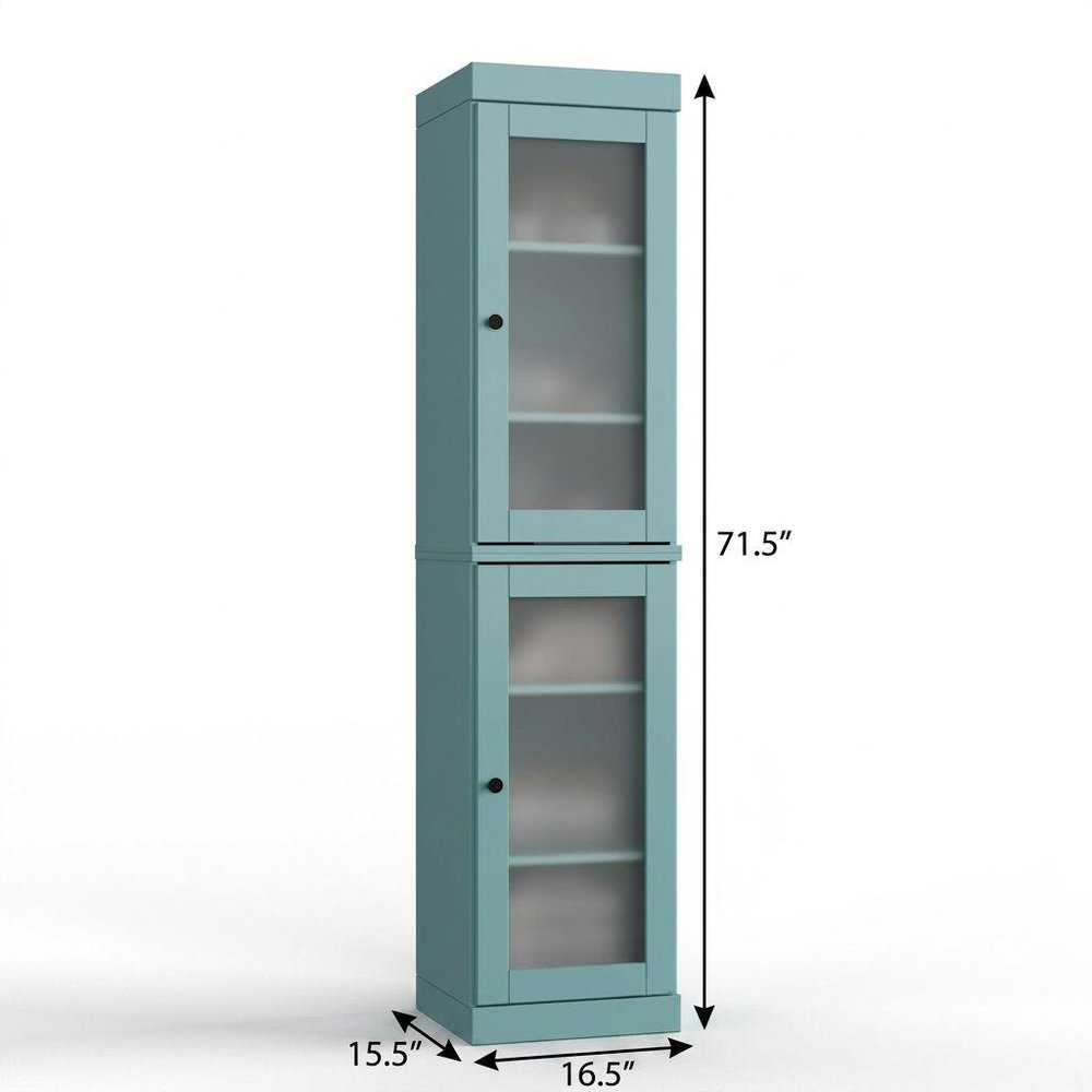 17" Aqua Solid Wood Glass Panel Inlay Double Door Linen Cabinet HomeRoots