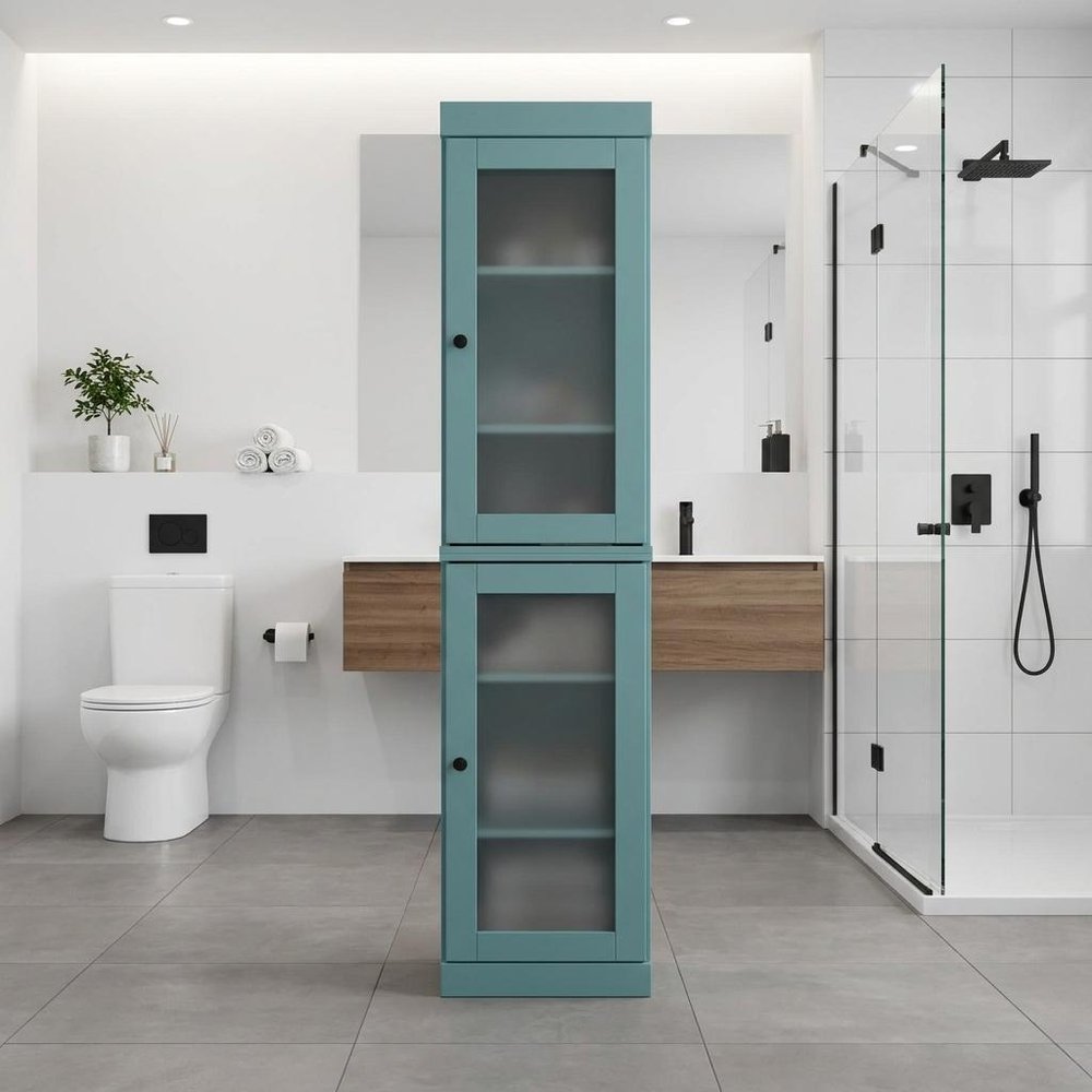 17" Aqua Solid Wood Glass Panel Inlay Double Door Linen Cabinet — view 5