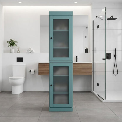 17" Aqua Solid Wood Glass Panel Inlay Double Door Linen Cabinet HomeRoots