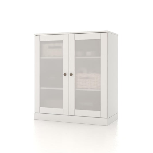 32" White Solid Wood Glass Panel Inlay Double Door Linen Cabinet