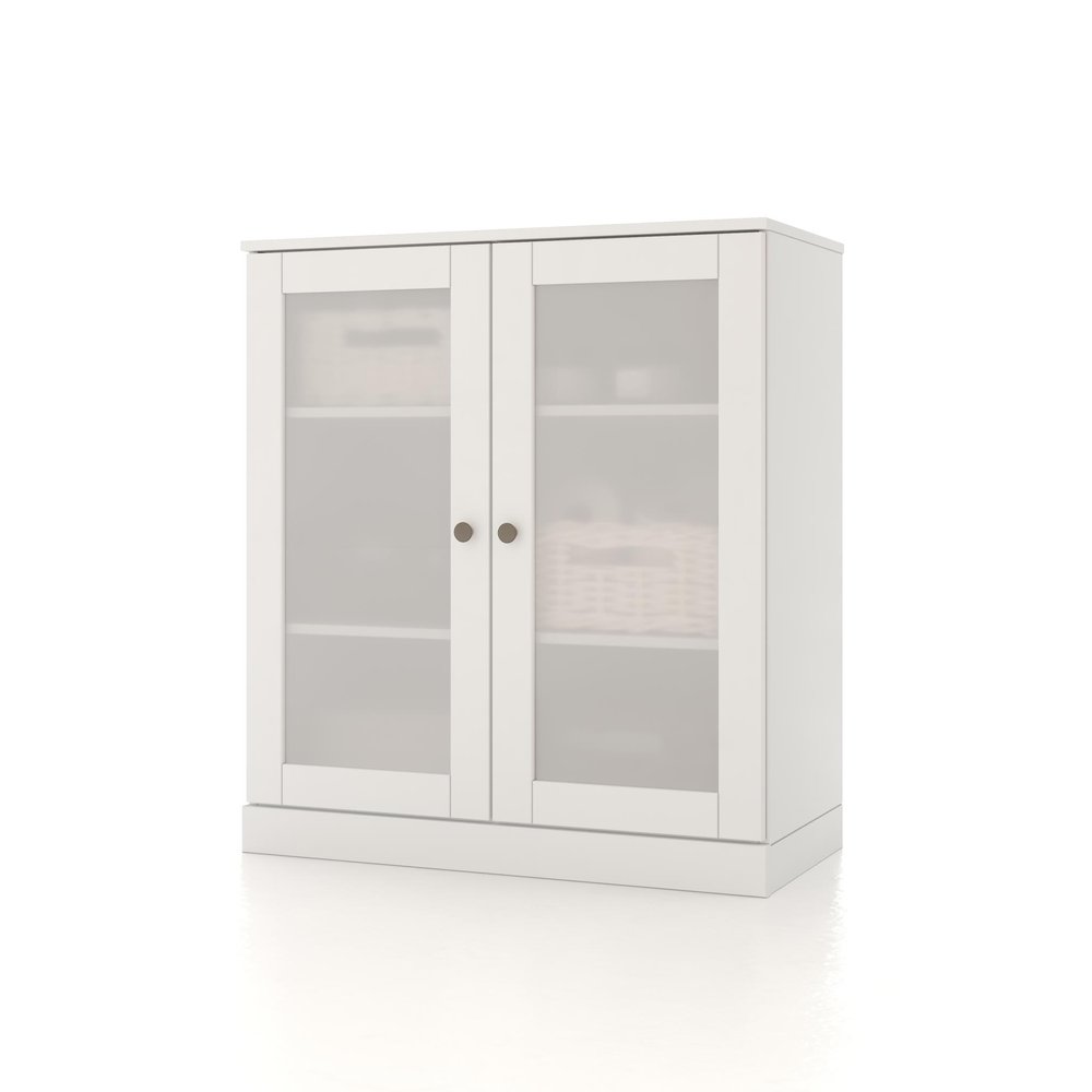 32" White Solid Wood Glass Panel Inlay Double Door Linen Cabinet HomeRoots
