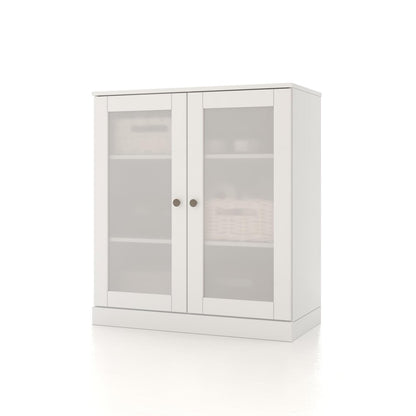 32" White Solid Wood Glass Panel Inlay Double Door Linen Cabinet HomeRoots