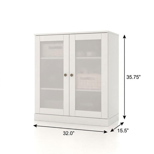 32" White Solid Wood Glass Panel Inlay Double Door Linen Cabinet