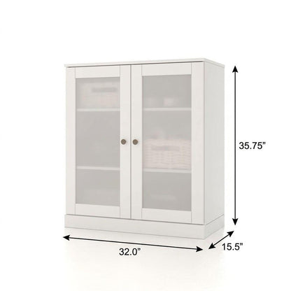 32" White Solid Wood Glass Panel Inlay Double Door Linen Cabinet HomeRoots