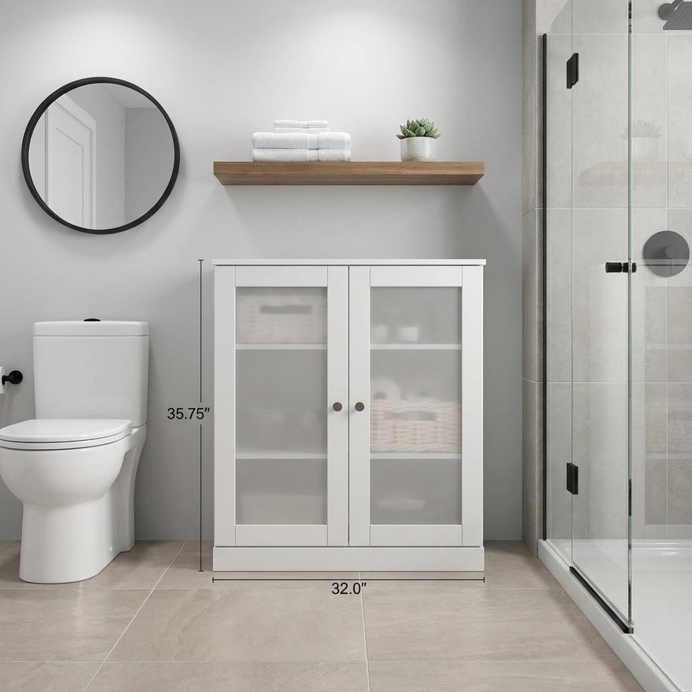 32" White Solid Wood Glass Panel Inlay Double Door Linen Cabinet HomeRoots