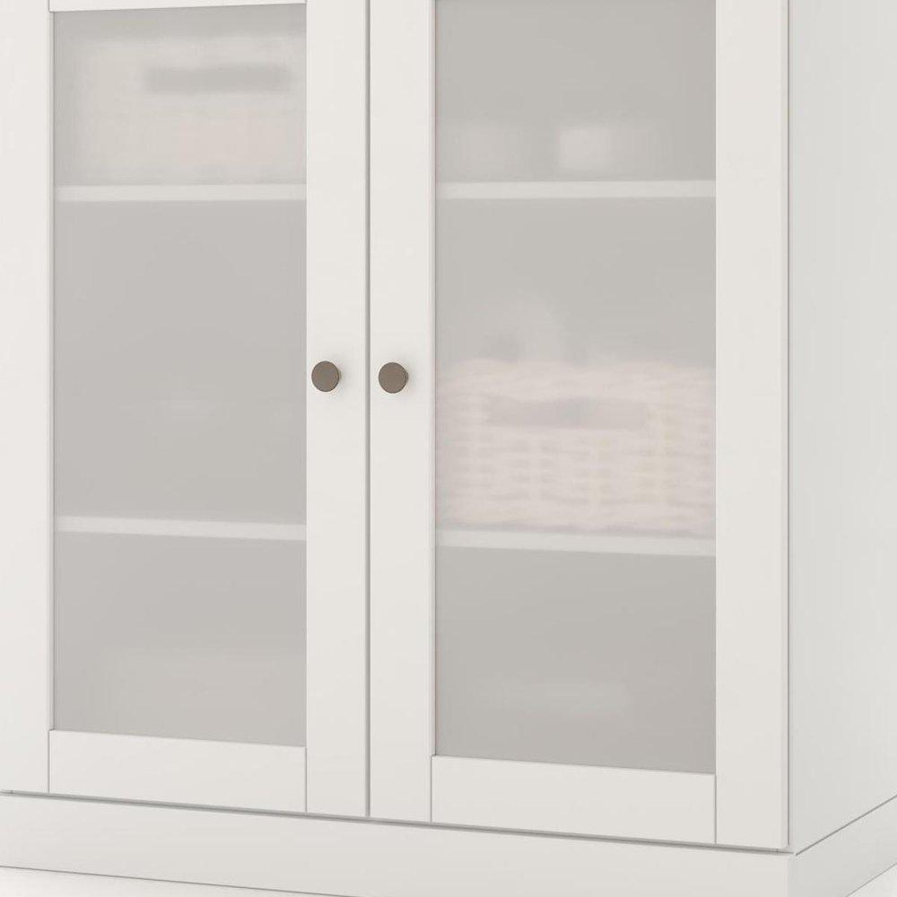 32" White Solid Wood Glass Panel Inlay Double Door Linen Cabinet