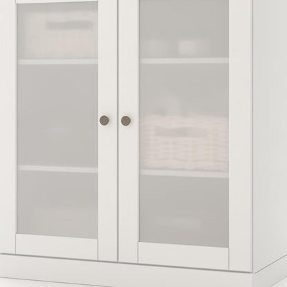 32" White Solid Wood Glass Panel Inlay Double Door Linen Cabinet