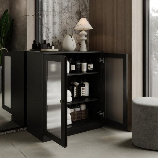 32" Black Solid Wood Glass Panel Inlay Double Door Linen Cabinet