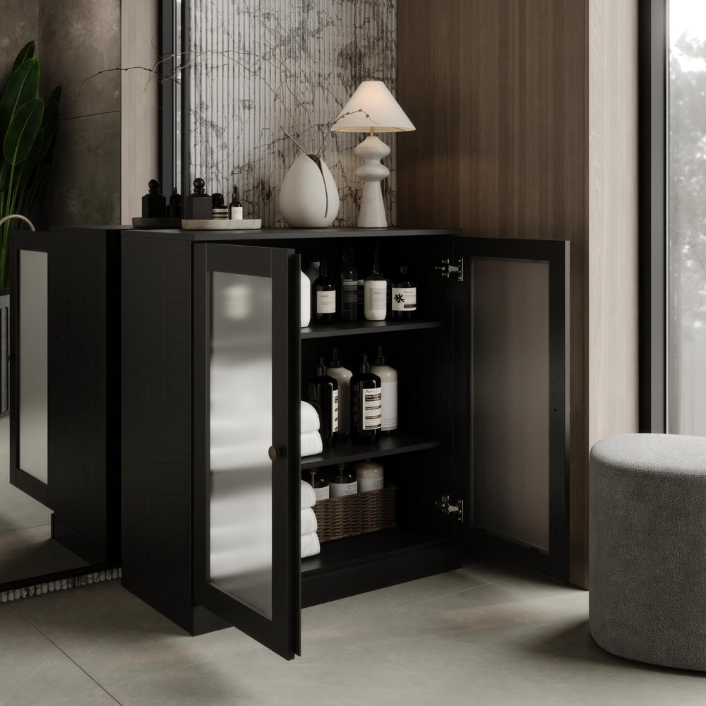 32" Black Solid Wood Glass Panel Inlay Double Door Linen Cabinet HomeRoots