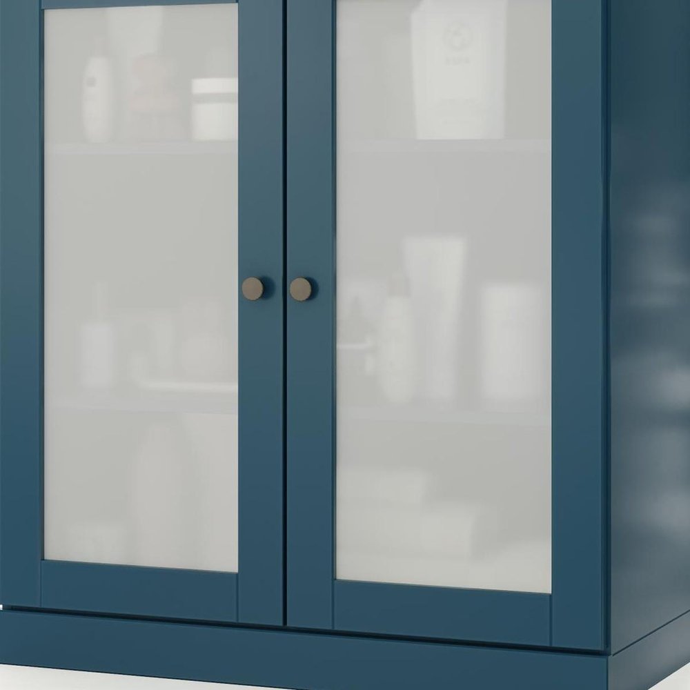 32" Teal Blue Solid Wood Glass Panel Inlay Double Door Linen Cabinet HomeRoots