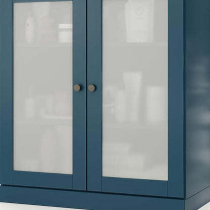 32" Teal Blue Solid Wood Glass Panel Inlay Double Door Linen Cabinet HomeRoots