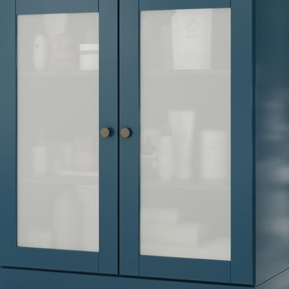32" Teal Blue Solid Wood Glass Panel Inlay Double Door Linen Cabinet HomeRoots