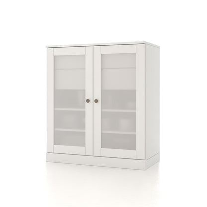32" White Solid Wood Glass Panel Inlay Double Door Linen Cabinet HomeRoots