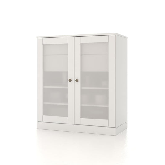 32" White Solid Wood Glass Panel Inlay Double Door Linen Cabinet