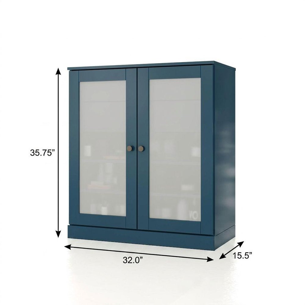 32" Teal Blue Solid Wood Glass Panel Inlay Double Door Linen Cabinet — view 1