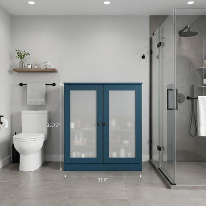 32" Teal Blue Solid Wood Glass Panel Inlay Double Door Linen Cabinet HomeRoots