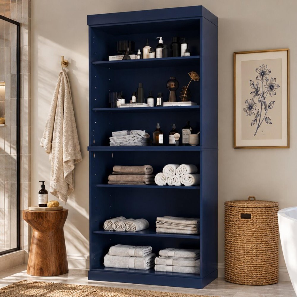 32" Navy Blue Solid Wood Linen Cabinet HomeRoots