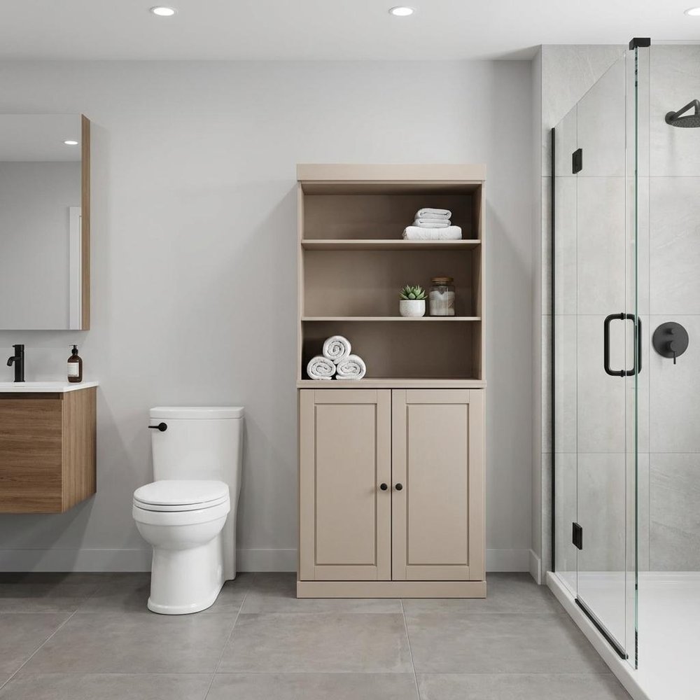 32" Beige Solid Wood Raised Panel Double Door Linen Cabinet — view 5