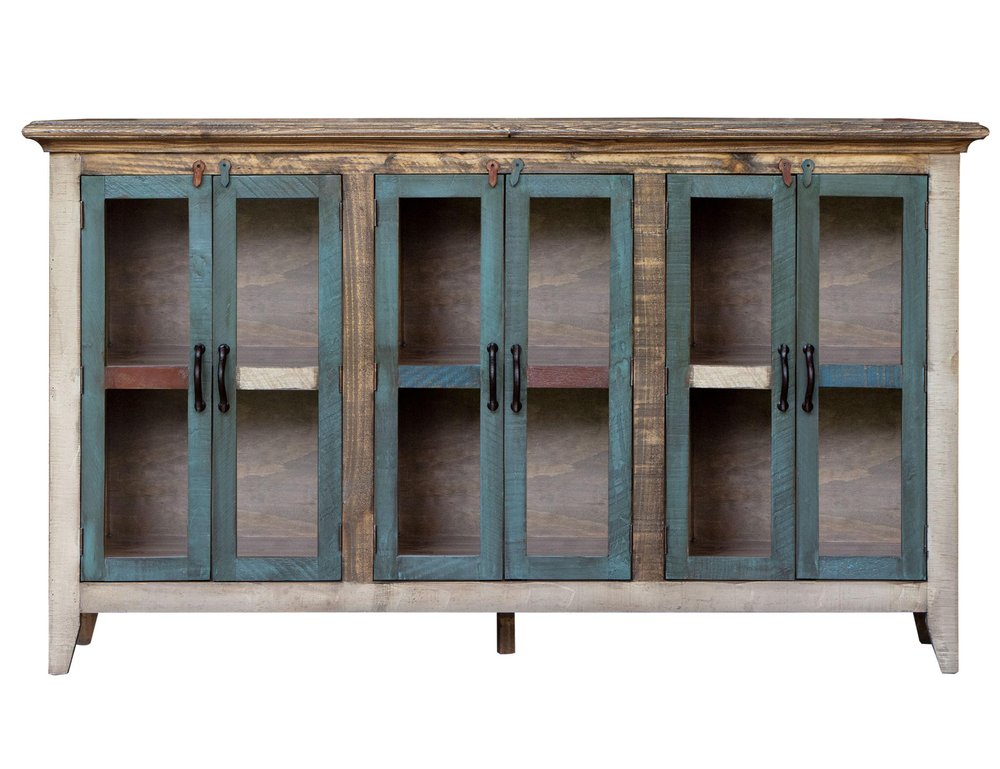 73" Red Brown And Blue Distressed Wood Sideboard With Six Glass Doors — view 2