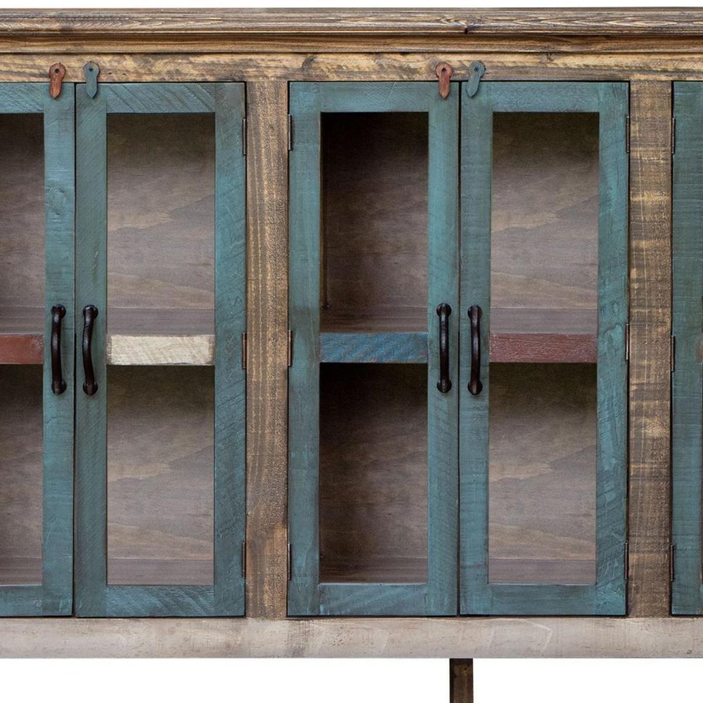 73" Red Brown And Blue Distressed Wood Sideboard With Six Glass Doors — view 4