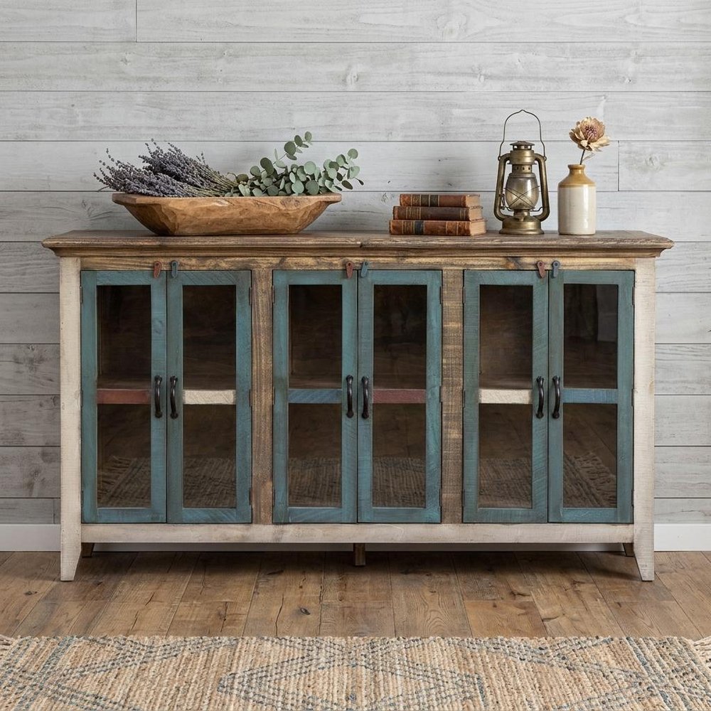 73" Red Brown And Blue Distressed Wood Sideboard With Six Glass Doors — view 5
