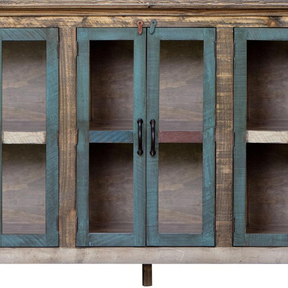 73" Red Brown And Blue Distressed Wood Sideboard With Six Glass Doors — view 6