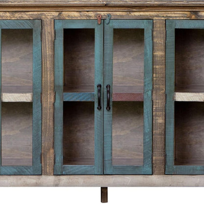 73" Red Brown And Blue Distressed Wood Sideboard With Six Glass Doors