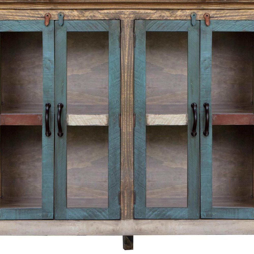 51" Red Brown And Blue Distressed Wood Sideboard With Four Glass Doors HomeRoots
