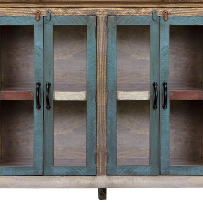 51" Red Brown And Blue Distressed Wood Sideboard With Four Glass Doors HomeRoots