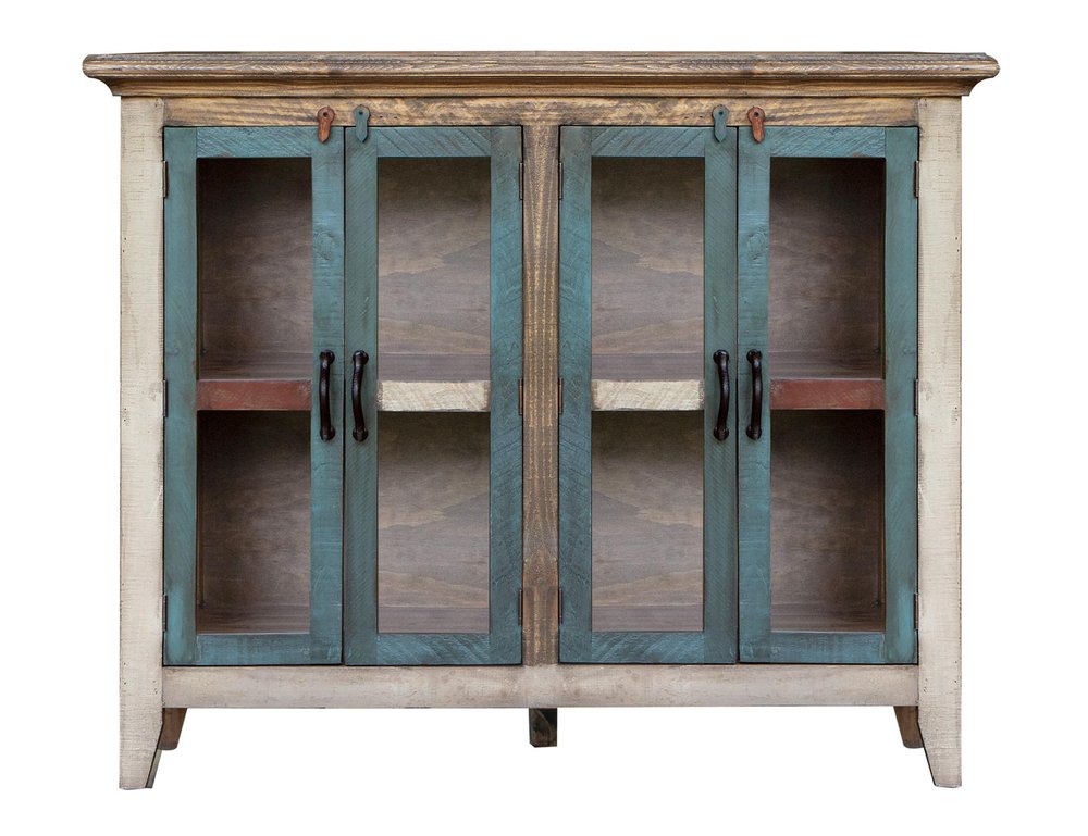 51" Red Brown And Blue Distressed Wood Sideboard With Four Glass Doors HomeRoots