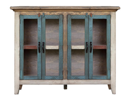 51" Red Brown And Blue Distressed Wood Sideboard With Four Glass Doors HomeRoots
