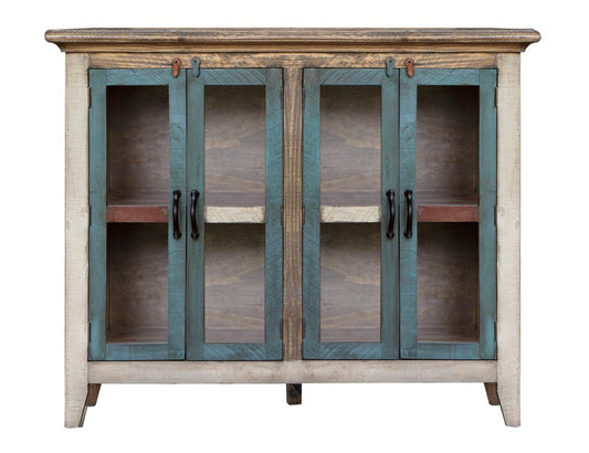 51" Red Brown And Blue Distressed Wood Sideboard With Four Glass Doors