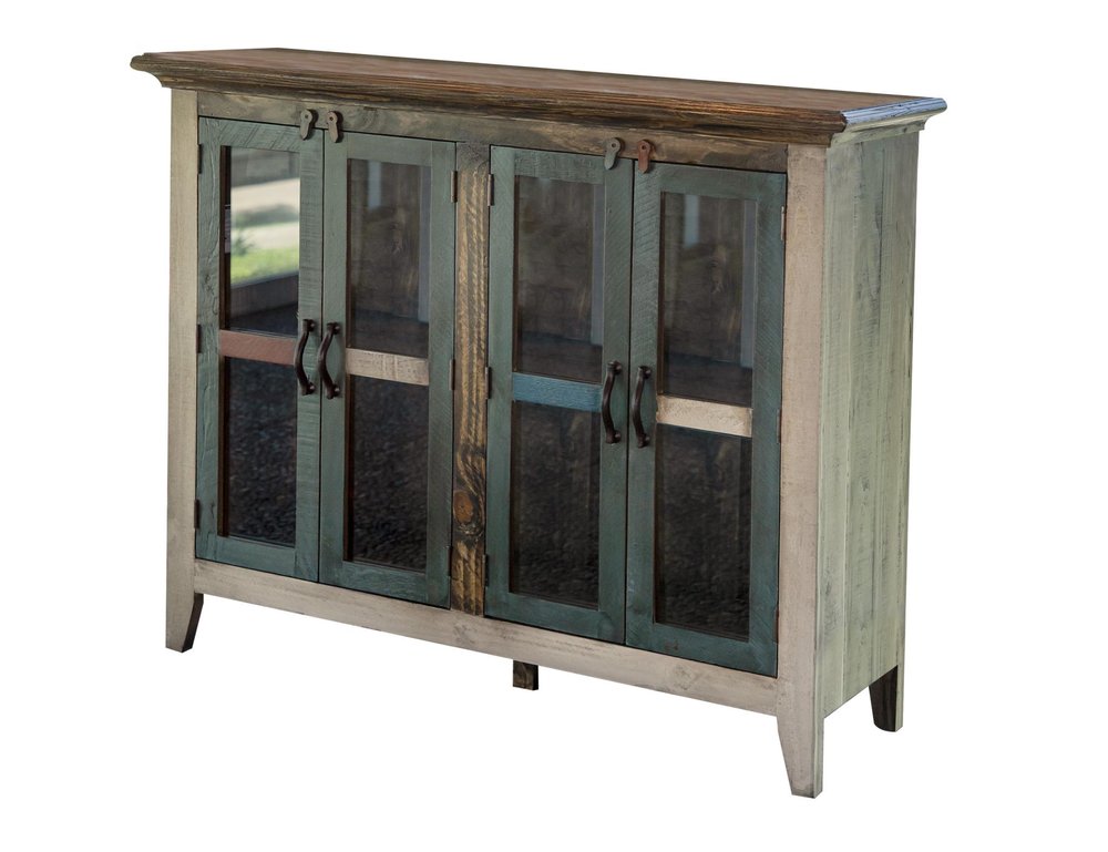 51" Red Brown And Blue Distressed Wood Sideboard With Four Glass Doors — view 2
