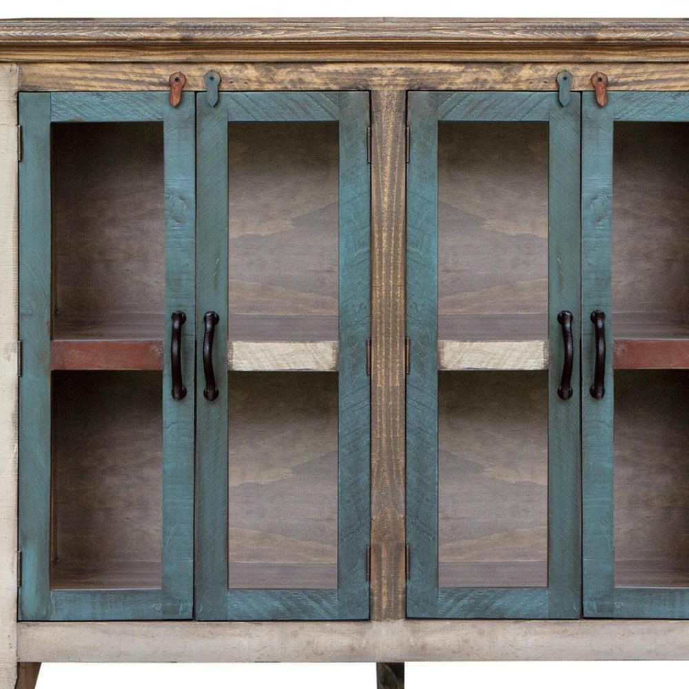 51" Red Brown And Blue Distressed Wood Sideboard With Four Glass Doors — view 4