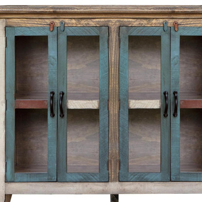 51" Red Brown And Blue Distressed Wood Sideboard With Four Glass Doors HomeRoots