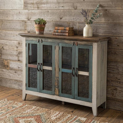 51" Red Brown And Blue Distressed Wood Sideboard With Four Glass Doors HomeRoots