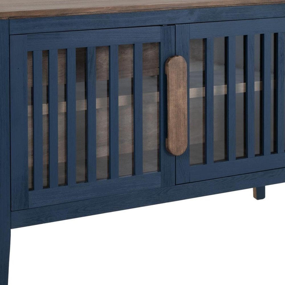 54" Blue And Brown Distressed Wood Sideboard With Two Glass Doors HomeRoots