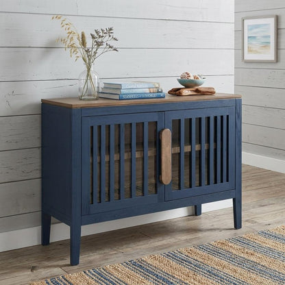 54" Blue And Brown Distressed Wood Sideboard With Two Glass Doors HomeRoots