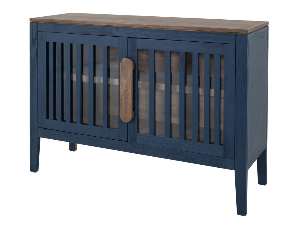 54" Blue And Brown Distressed Wood Sideboard With Two Glass Doors HomeRoots