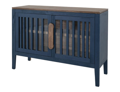 54" Blue And Brown Distressed Wood Sideboard With Two Glass Doors HomeRoots
