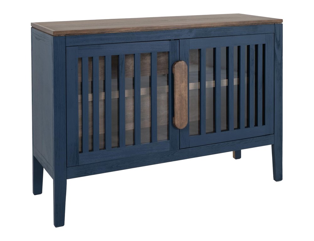 54" Blue And Brown Distressed Wood Sideboard With Two Glass Doors — view 1