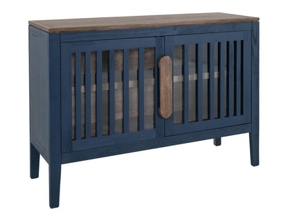 54" Blue And Brown Distressed Wood Sideboard With Two Glass Doors HomeRoots